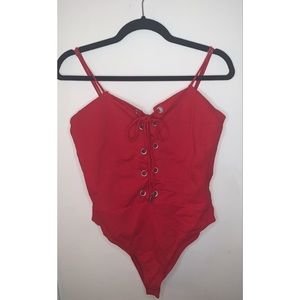 Red Lace up Front Body Suit